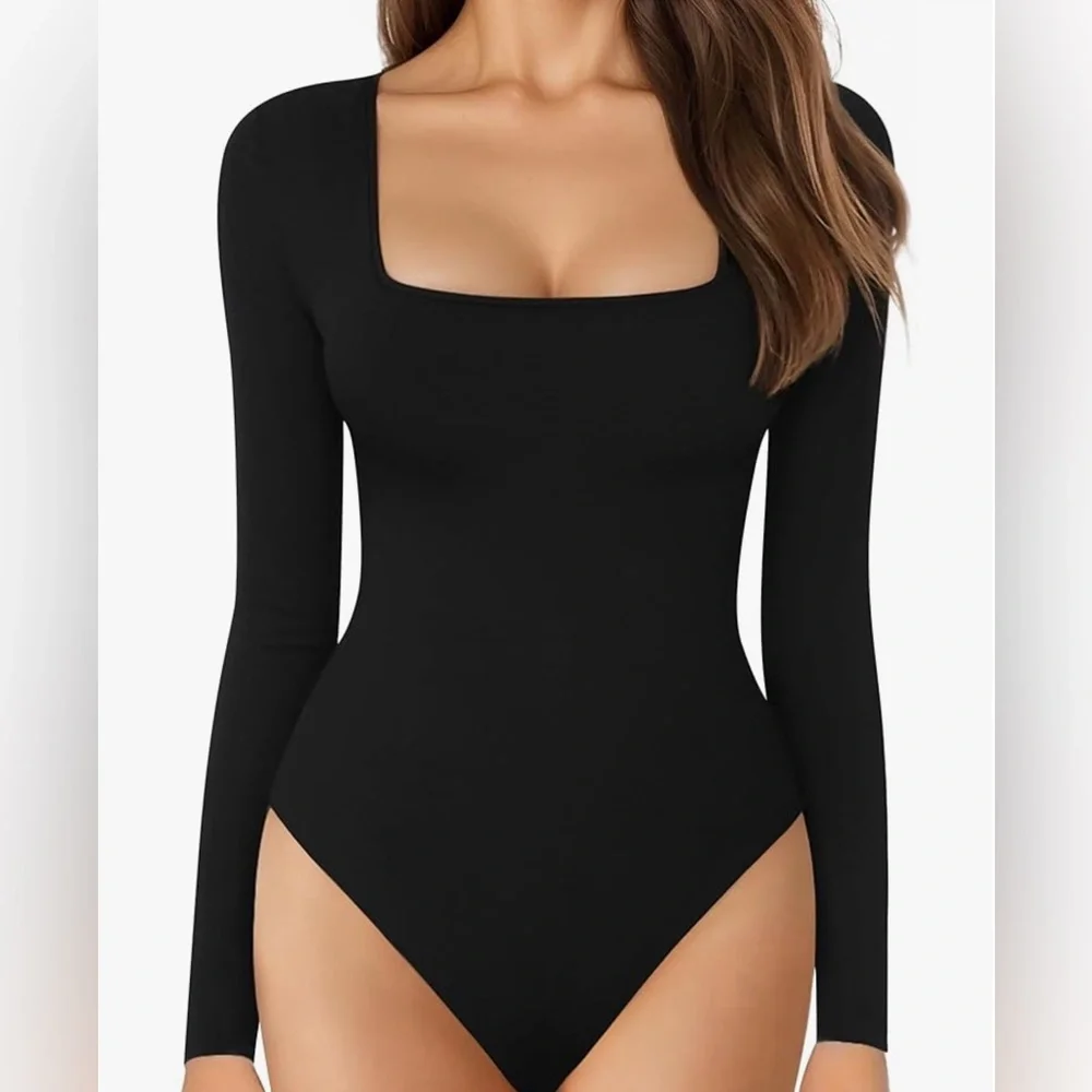MANGOPOP Women's Square Neck Long Sleeve Bodysuit | Black | Small - Picture 2 of 9